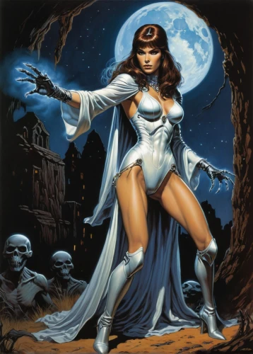 sorceress,dance of death,blue enchantress,maiden,fantasy woman,vampire woman,priestess,death angel,helloween,voodoo woman,the enchantress,cybele,blue moon,moon phase,celebration of witches,vampire lady,danse macabre,lady of the night,dead bride,horoscope libra,Illustration,American Style,American Style 07