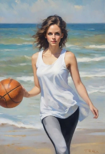 beach basketball,basketball player,woman's basketball,sports girl,beach sports,oil painting,girl on the dune,oil painting on canvas,woman playing,girl in a long,young woman,girl portrait,beach background,girl with cereal bowl,little girl in wind,carol colman,art painting,photo painting,oil on canvas,beach landscape