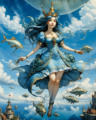 sea fantasy,the sea maid,mermaid background,fantasy art,girl with a dolphin,fantasy picture,seafaring,waterglobe,birds of the sea,sailing blue yellow,blue planet,the wind from the sea,the zodiac sign pisces,fantasia,god of the sea,galleon,merfolk,open sea,sea,seafarer,Illustration,Realistic Fantasy,Realistic Fantasy 14