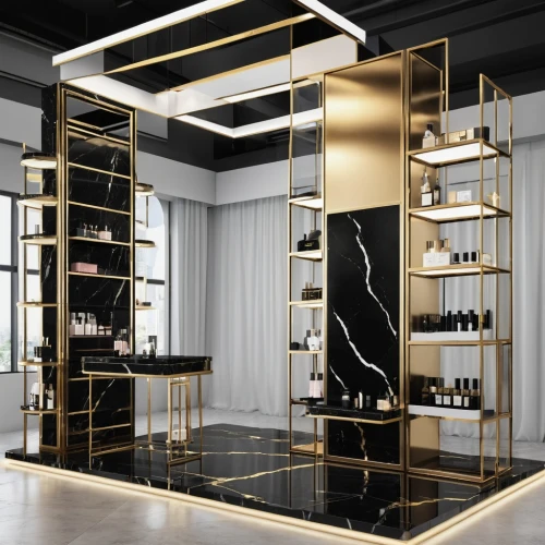 gold bar shop,beauty room,cosmetics counter,gold shop,gold foil corner,gold lacquer,walk-in closet,dark cabinetry,room divider,vitrine,luxury accessories,boutique,dark cabinets,salon,under-cabinet lighting,jewelry store,beauty salon,women's cosmetics,showcase,shelving,Photography,General,Realistic