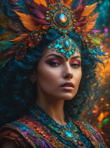 fantasy portrait,headdress,cleopatra,indian headdress,fantasy art,mystical portrait of a girl,warrior woman,feather headdress,headpiece,ancient egyptian girl,fantasy woman,shamanic,fairy peacock,priestess,fantasy picture,the enchantress,shamanism,faery,shaman,polynesian girl,Photography,General,Fantasy