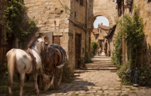 medieval street,narrow street,volterra,gordes,horse-drawn,horses,arles,provence,tuscan,the cobbled streets,stables,horse drawn,medieval town,horse stable,horseback,horse-drawn carriage,equines,man and horses,provencal life,street scene