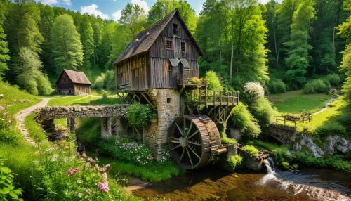 water mill,old mill,water wheel,house in the forest,home landscape,wooden house,miniature house,dutch mill,ancient house,little house,small house,house in mountains,witch's house,log home,fairy village,fantasy picture,fairy tale castle,fisherman's house,lonely house,fairy house,Photography,General,Natural