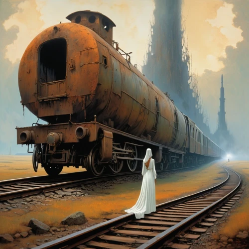 ghost locomotive,the girl at the station,sci fiction illustration,ghost train,train of thought,the train,last train,long-distance train,wedding dress train,hogwarts express,railroad,train route,tank cars,train,locomotive,mystery book cover,world digital painting,the wanderer,steam locomotives,long-distance transport,Conceptual Art,Oil color,Oil Color 04