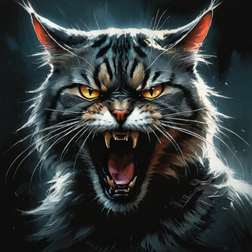 feral cat,snarling,maincoon,cat vector,wildcat,angry,roaring,norwegian forest cat,wild cat,breed cat,feral,cat warrior,american bobtail,anger,siberian cat,werewolf,to roar,furious,animal feline,nebelung,Conceptual Art,Fantasy,Fantasy 12