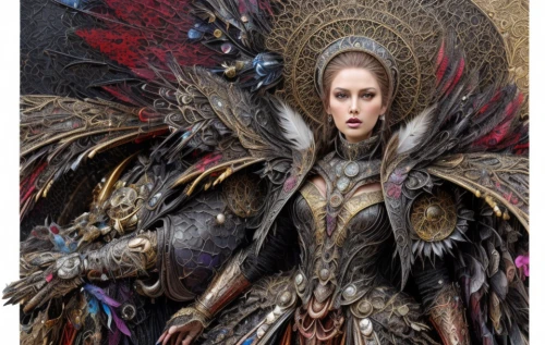 swath,female warrior,heroic fantasy,costume design,the enchantress,warrior woman,fantasy art,queen cage,sorceress,fantasy woman,imperial coat,fantasy warrior,miss circassian,archangel,the archangel,collectible card game,feather headdress,breastplate,sterntaler,celtic queen