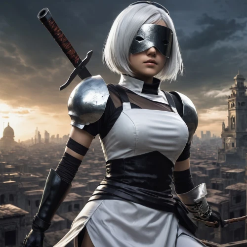 assassin,tiber riven,huntress,templar,massively multiplayer online role-playing game,swordswoman,witcher,cosplay image,lady medic,white and black color,white and black,female nurse,kosmea,whitey,joan of arc,pubg mascot,cosplayer,action-adventure game,game character,katana,Conceptual Art,Fantasy,Fantasy 13