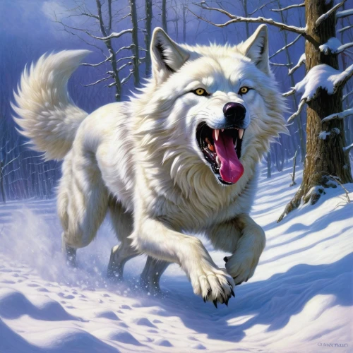 northern inuit dog,canadian eskimo dog,canis lupus,howling wolf,white shepherd,wolfdog,landseer,tamaskan dog,gray wolf,european wolf,canis lupus tundrarum,canidae,wolf hunting,saarloos wolfdog,carpathian shepherd dog,wolf,white dog,greenland dog,samoyed,west siberian laika,Illustration,Realistic Fantasy,Realistic Fantasy 03