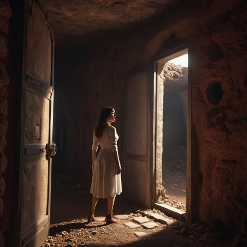 empty tomb,the threshold of the house,open door,conceptual photography,in the door,cliff dwelling,the girl in nightie,caravansary,girl in a historic way,the door,threshold,fairy door,digital compositing,window to the world,mystical portrait of a girl,the little girl's room,girl in a long dress,lost places,keyhole,creepy doorway,Photography,General,Realistic