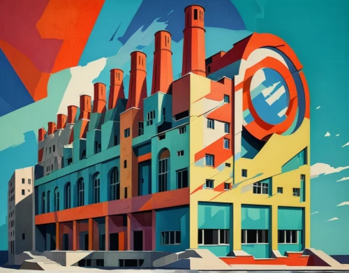 industrial building,brewery,sewing factory,old factory building,cinema 4d,old factory,valley mills,heavy water factory,factories,factory ship,abstract retro,factory bricks,colorful facade,factory,dream factory,art deco,wild west hotel,pharmacy,company building,mixed-use,Illustration,Japanese style,Japanese Style 07
