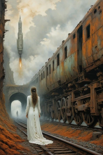 the girl at the station,train of thought,ghost locomotive,last train,fantasy picture,sci fiction illustration,the train,world digital painting,fantasy art,ghost train,photomanipulation,journey,dead bride,pilgrimage,long-distance train,wedding dress train,threshold,frozen tears on railway,pall-bearer,celtic queen,Conceptual Art,Oil color,Oil Color 05
