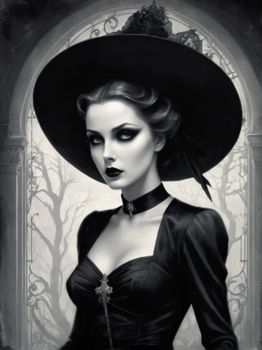 gothic woman,black hat,gothic portrait,gothic fashion,victorian lady,witch,vampire woman,vampire lady,gothic style,dark gothic mood,gothic dress,halloween witch,vampira,gothic,witch's hat icon,widow,witch hat,witches,goth woman,victorian style,Photography,Black and white photography,Black and White Photography 08