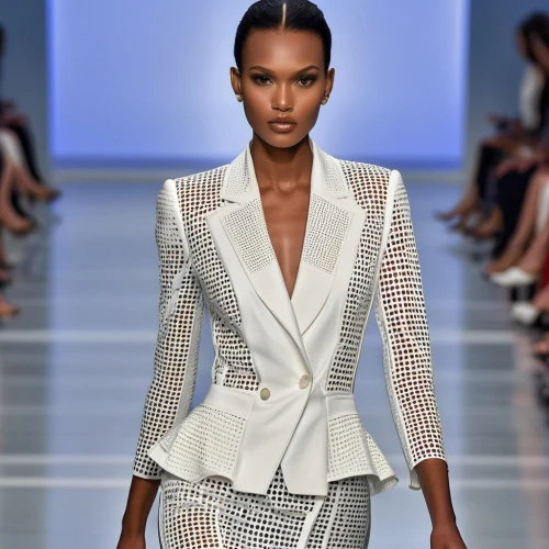 menswear for women,bolero jacket,runway,woman in menswear,runways,woven fabric,asymmetric cut,shoulder pads,fashion design,fabrics,one-piece garment,geometric style,wire mesh,white coat,catwalk,fashion designer,patterned,versace,garment,women's clothing,Photography,General,Realistic