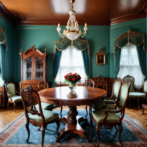 dining room table,victorian table and chairs,dining room,breakfast room,china cabinet,dining table,ornate room,danish room,kitchen & dining room table,napoleon iii style,billiard room,conference table,blue room,antique table,antique furniture,board room,wade rooms,great room,conference room table,interior decor,Photography,General,Realistic