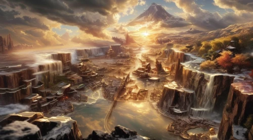 fantasy landscape,fantasy picture,3d fantasy,fantasy art,fantasy world,heroic fantasy,volcanic landscape,chasm,fantasy city,mountain world,world digital painting,maelstrom,digital compositing,fractal environment,dream world,full hd wallpaper,fairy world,games of light,mountainous landscape,northrend