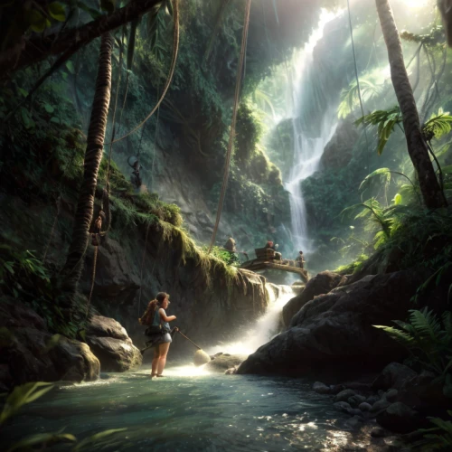 fantasy picture,rain forest,world digital painting,rainforest,digital compositing,erawan waterfall national park,canyoning,ash falls,photo manipulation,green waterfall,brown waterfall,mountain stream,photomanipulation,jungle,wasserfall,river of life project,ravine,valdivian temperate rain forest,waterfall,streams