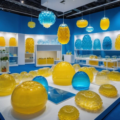 shashed glass,glasswares,glass containers,glass balls,glass items,glass decorations,colorful glass,chrysanthemum exhibition,plastic arts,quarantine bubble,soap shop,sea jellies,snow globes,aquarium decor,aquariums,yellow and blue,water cube,cube sea,glass blocks,jellies,Photography,General,Realistic