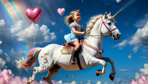 unicorn background,dream horse,little girl with balloons,hobbyhorse,equestrianism,fantasy picture,horseback,equestrian vaulting,equestrian,horse riding,my little pony,equitation,carousel horse,horseback riding,unicorn and rainbow,unicorn art,flying heart,little girl in wind,girl pony,children's background,Photography,General,Fantasy