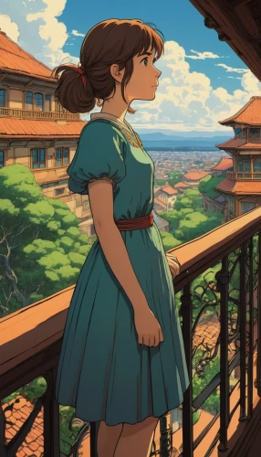 studio ghibli,country dress,honolulu,overlook,hanbok,rooftop,jasmine,balcony,darjeeling,scenery,summer evening,kyoto,roof landscape,jasmine blossom,summer jasmine,rooftops,a girl in a dress,above the city,meteora,binoculars,Illustration,American Style,American Style 01