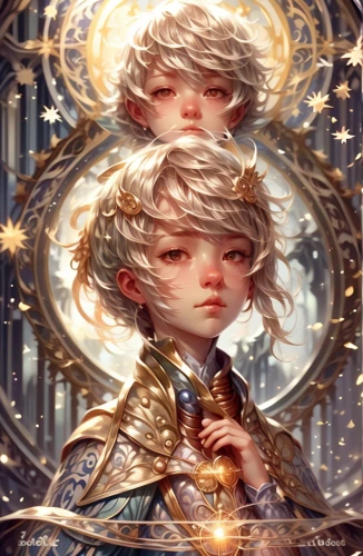 golden crown,fantasy portrait,gemini,capricorn mother and child,golden wreath,mirror of souls,mary-gold,amano,christmas angels,zodiac sign libra,little angels,celestial,foil and gold,mystical portrait of a girl,light bearer,lux,gold leaf,baroque angel,child fairy,golden rain