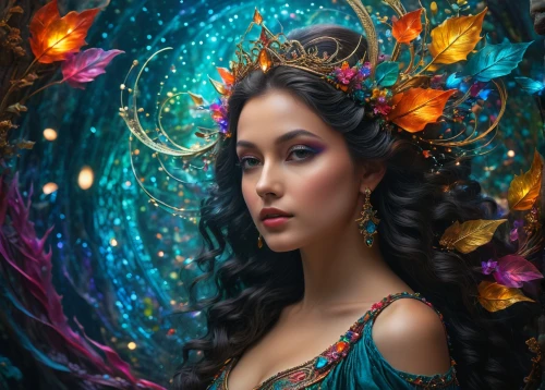 fantasy portrait,fantasy art,mystical portrait of a girl,fairy peacock,faery,fantasy picture,faerie,fairy queen,boho art,fantasy woman,the enchantress,elven flower,world digital painting,gypsy soul,queen of the night,fractals art,mermaid background,romantic portrait,rosa 'the fairy,flower fairy,Photography,General,Fantasy