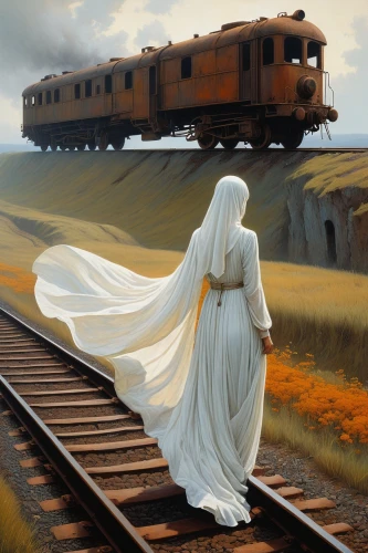 ghost locomotive,ghost train,train of thought,oil painting on canvas,wedding dress train,the train,last train,the girl at the station,oil painting,long-distance train,train cemetery,wooden train,train,dead bride,glacier express,journey,locomotive,white lady,oil on canvas,pilgrimage,Conceptual Art,Oil color,Oil Color 05