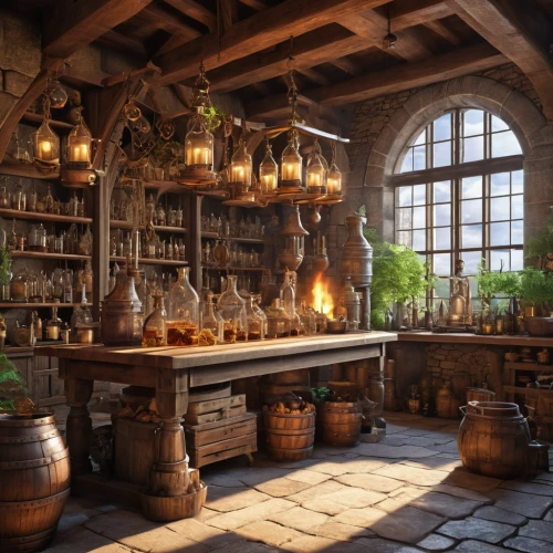 apothecary,candlemaker,potions,victorian kitchen,tile kitchen,kitchen interior,wooden beams,tavern,the kitchen,medieval architecture,brandy shop,kitchen,rustic,wine cultures,kitchen shop,tjena-kitchen,kitchen design,big kitchen,wooden windows,kitchenware,Photography,General,Realistic