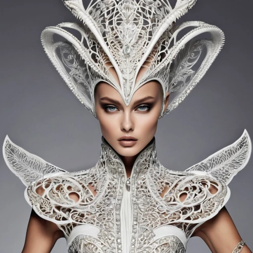 headdress,headpiece,feather headdress,venetian mask,the snow queen,suit of the snow maiden,haute couture,bridal accessory,white swan,ice queen,filigree,indian headdress,beautiful bonnet,showgirl,fashion design,masquerade,the carnival of venice,bridal clothing,head ornament,fairy queen,Photography,Fashion Photography,Fashion Photography 03