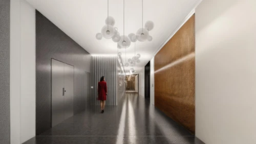 hallway space,hallway,3d rendering,daylighting,wall lamp,track lighting,corridor,ceiling lamp,ceiling light,wall light,ceiling lighting,render,concrete ceiling,hanging light,ceiling fixture,interior modern design,room divider,contemporary decor,search interior solutions,hanging lamp