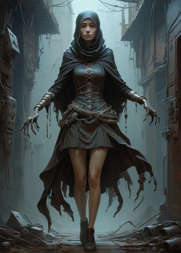 sci fiction illustration,sorceress,the wanderer,cloak,dodge warlock,raven girl,wanderer,fantasy portrait,scythe,game illustration,undead warlock,the enchantress,mage,merchant,mystical portrait of a girl,heroic fantasy,cg artwork,fantasy art,game art,crow queen,Illustration,Realistic Fantasy,Realistic Fantasy 28