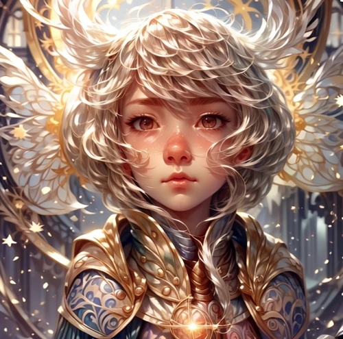 fantasy portrait,celestial chrysanthemum,mystical portrait of a girl,lux,zodiac sign libra,baroque angel,golden crown,fantasy art,aurora,golden wreath,vane,celestial,summoner,libra,archangel,angel,the snow queen,mage,blanche,angel's tears