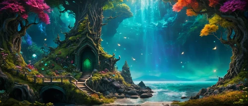 fairy world,fantasy landscape,fairy forest,fairy village,fantasy picture,fairytale forest,fantasy world,underwater oasis,elven forest,3d fantasy,wonderland,enchanted forest,cave on the water,wishing well,fantasy art,dream world,fantasia,forest of dreams,underground lake,world digital painting,Photography,General,Fantasy