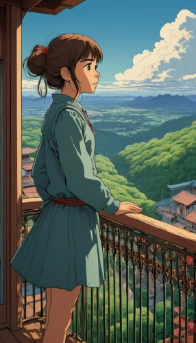 studio ghibli,meteora,overlook,akko,mulan,balcony,agnes,mountain spirit,japanese alps,russo-european laika,gobelin,the spirit of the mountains,little girl in wind,summer evening,roof landscape,window to the world,blue mountain,wonder,the horizon,fantasia,Illustration,American Style,American Style 01