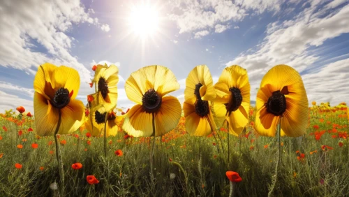 sun flowers,flower meadow,flower field,flower background,helianthus sunbelievable,flowers field,sunburst background,blanket flowers,sunflower field,meadow flowers,blanket of flowers,sun daisies,field of flowers,flowering meadow,erdsonne flower,splendor of flowers,flowers png,sunflowers,wildflowers,summer meadow,Realistic,Flower,Poppy