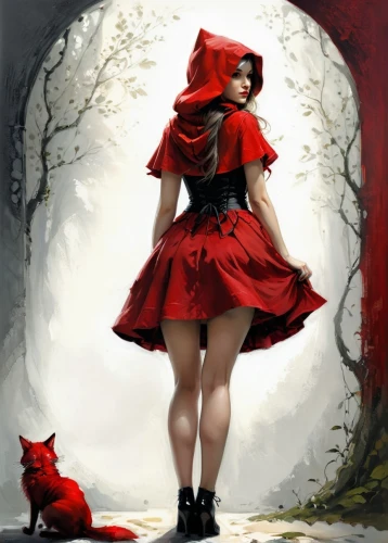 red riding hood,little red riding hood,red coat,red shoes,lady in red,scarlet witch,red tunic,red cape,red dog,red cat,man in red dress,queen of hearts,red skirt,redfox,red hat,red lantern,the fur red,red wolf,fairy tale character,red bow