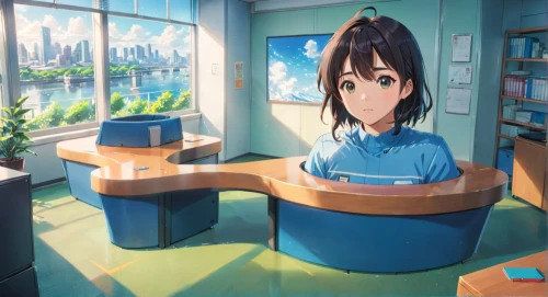 study room,classroom,desk,girl studying,class room,school desk,office desk,blur office background,wooden desk,blue room,euphonium,examination room,girl at the computer,secretary desk,azusa nakano k-on,aqua studio,yui hirasawa k-on,office worker,anime 3d,boy's room picture,Anime,Anime,Realistic