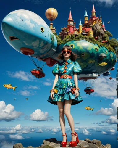 fantasy world,alice in wonderland,3d fantasy,wonderland,sea fantasy,fantasy city,airship,alice,fantasy picture,fairy world,girl with a dolphin,fantasy art,other world,floating island,photomontage,waterglobe,dream world,the sea maid,surrealism,airships