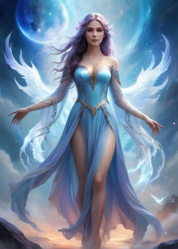 blue enchantress,sorceress,zodiac sign libra,fantasy woman,faerie,fantasy art,fantasy picture,goddess of justice,archangel,ice queen,angel,fairy queen,faery,the zodiac sign pisces,fantasy portrait,virgo,rosa 'the fairy,the snow queen,priestess,fae,Illustration,Realistic Fantasy,Realistic Fantasy 01