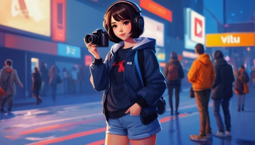 anime 3d,a girl with a camera,camera illustration,anime japanese clothing,anime girl,world digital painting,girl in a long,anime cartoon,retro girl,vector girl,mobile video game vector background,the girl at the station,photographer,fashionable girl,shibuya,game illustration,japanese sakura background,taking photo,mamiya,cg artwork,Conceptual Art,Fantasy,Fantasy 19