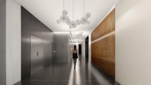 hallway space,hallway,corridor,3d rendering,daylighting,wall lamp,ceiling lamp,track lighting,ceiling light,wall light,ceiling lighting,interior modern design,room divider,concrete ceiling,ceiling fixture,hanging light,render,contemporary decor,search interior solutions,walk-in closet