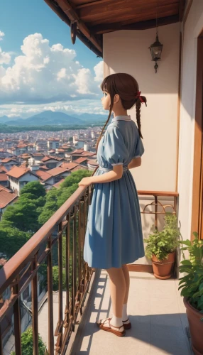 studio ghibli,overlook,balcony,a girl in a dress,violet evergarden,disney baymax,tuscan,country dress,digital compositing,block balcony,girl on the stairs,balcony garden,straw hat,summer day,roof landscape,italy,matsuno,my neighbor totoro,above the city,fantasia,Photography,General,Realistic