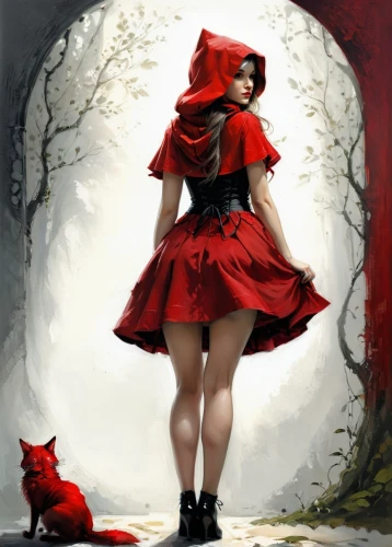 red riding hood,little red riding hood,red coat,red shoes,scarlet witch,lady in red,red tunic,red cape,red dog,red cat,man in red dress,queen of hearts,red skirt,redfox,red hat,red lantern,the fur red,red wolf,red ribbon,red bow