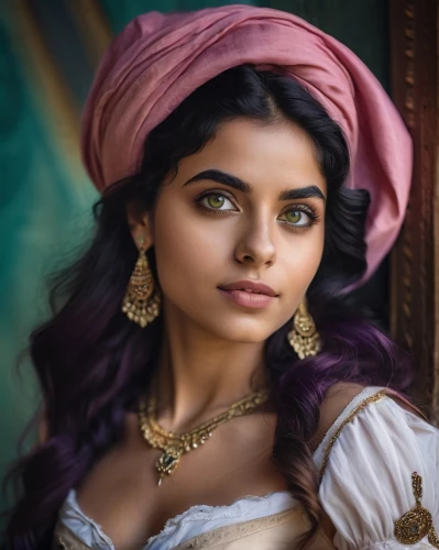 indian girl,indian woman,indian bride,indian,radha,girl in a historic way,arabian,east indian,persian,vintage female portrait,indian girl boy,romantic portrait,romantic look,rapunzel,arab,portrait of a girl,fantasy portrait,turban,sultana,victorian lady,Photography,General,Cinematic