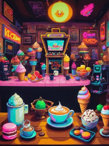 retro diner,ice cream shop,neon coffee,cartoon video game background,cake shop,soda shop,arcade games,ice cream parlor,candy shop,diner,retro items,soda fountain,bakery,80s,candy store,the coffee shop,arcade game,fast food restaurant,coffee shop,doll kitchen,Unique,Pixel,Pixel 04