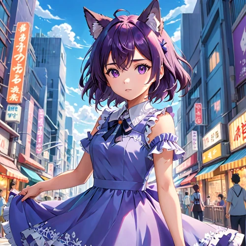 anime japanese clothing,street cat,purple wallpaper,japanese sakura background,miku maekawa,shibuya,purple dress,purple background,nyan,cat ears,sakura background,calico cat,stray cat,shinjuku,harajuku,domestic short-haired cat,ako,cat kawaii,tokyo city,calico,Anime,Anime,Realistic