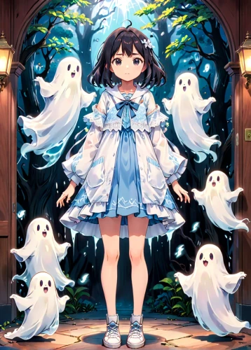 ghost girl,ghost background,halloween ghosts,halloween poster,halloween background,ghost pattern,ghosts,halloween wallpaper,halloween illustration,ghost,boo,ghost catcher,catalpa,transparent background,neon ghosts,white winter dress,the ghost,haunted,ghost train,game illustration,Anime,Anime,Traditional