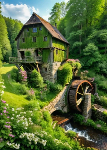 water mill,water wheel,old mill,dutch mill,house in the forest,home landscape,idyllic,green landscape,house in mountains,beautiful home,log home,summer cottage,hobbiton,house in the mountains,wooden house,country cottage,mill,fantasy picture,small house,world digital painting,Photography,General,Natural