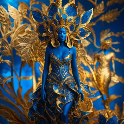 water nymph,blue enchantress,paper art,mother earth statue,gold leaf,dryad,coral guardian,flora,golden crown,golden wreath,fantasia,siren,mary-gold,fleur de lis,blue peacock,goddess of justice,queen of the night,aura,png sculpture,fairy peacock,Photography,General,Fantasy