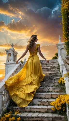 yellow sky,yellow garden,fantasy picture,yellow rose background,gold yellow rose,yellow sun rose,yellow rose,celtic woman,gracefulness,golden yellow,girl on the stairs,gold filigree,winding steps,girl in a long dress,yellow roses,yellow orange,enchanting,yellow,yellow color,yellow jumpsuit,Photography,General,Fantasy
