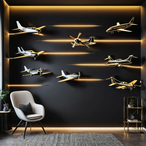 rows of planes,gold wall,diamond da42,model aircraft,wall decoration,ceiling lighting,flights,wall decor,ceiling fixture,toy airplane,modern decor,origami paper plane,track lighting,halogen spotlights,aviation,business jet,jet aircraft,planes,radio-controlled aircraft,aircraft,Photography,General,Realistic